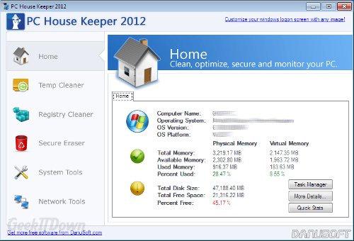 PC House Keeper 2012 Home Tab